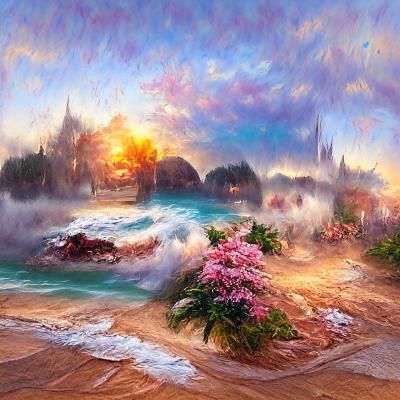 Ethereal Sunset Beach Scene in Kinkade Style