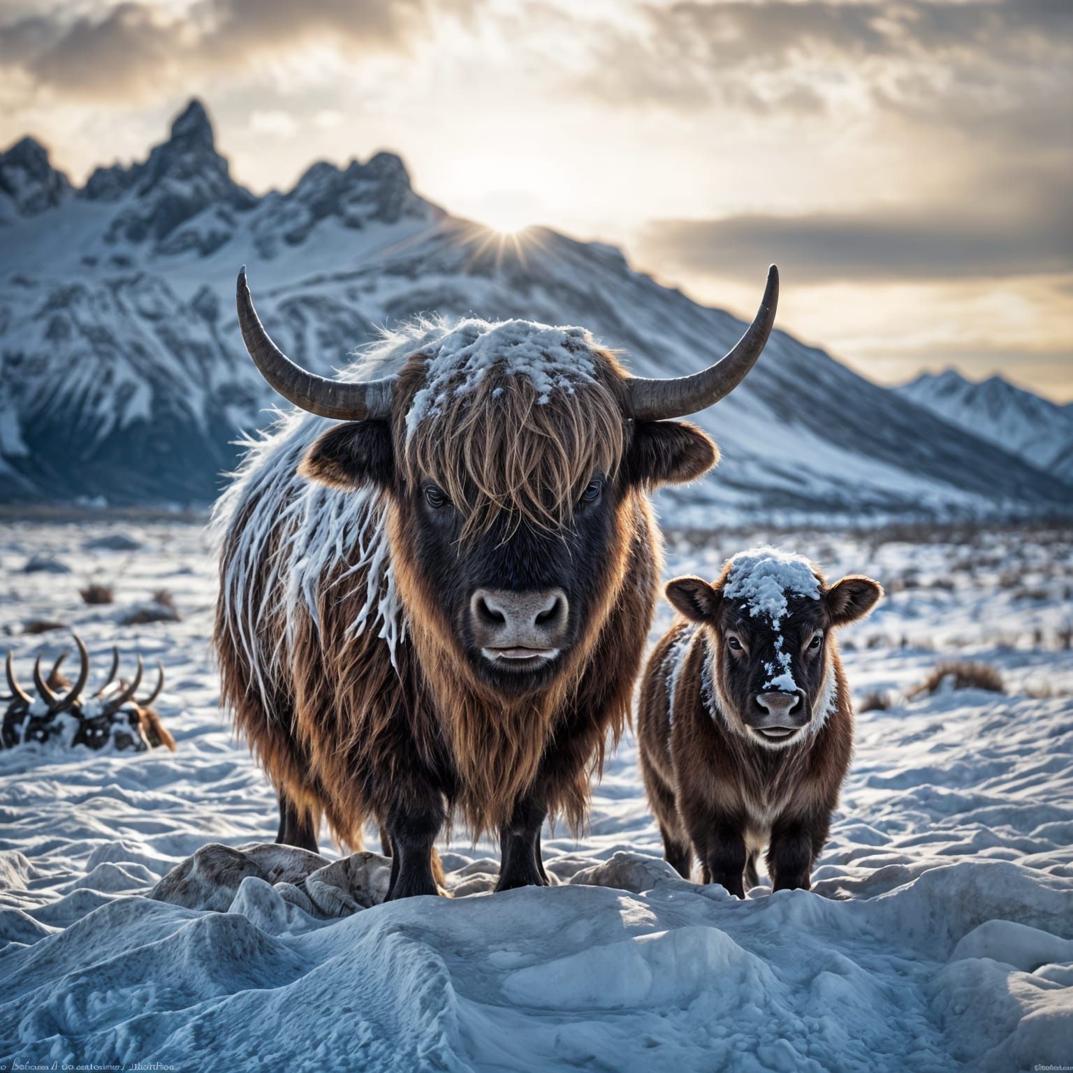 Wild Yak Mother and Calf in Arctic Snowscape