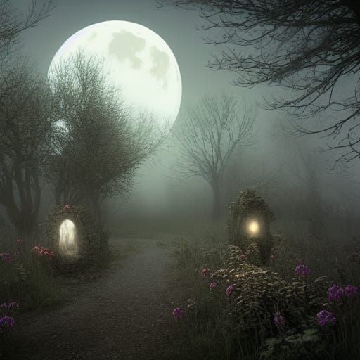 Foggy Graveyard with Raven and Ghosts at Night