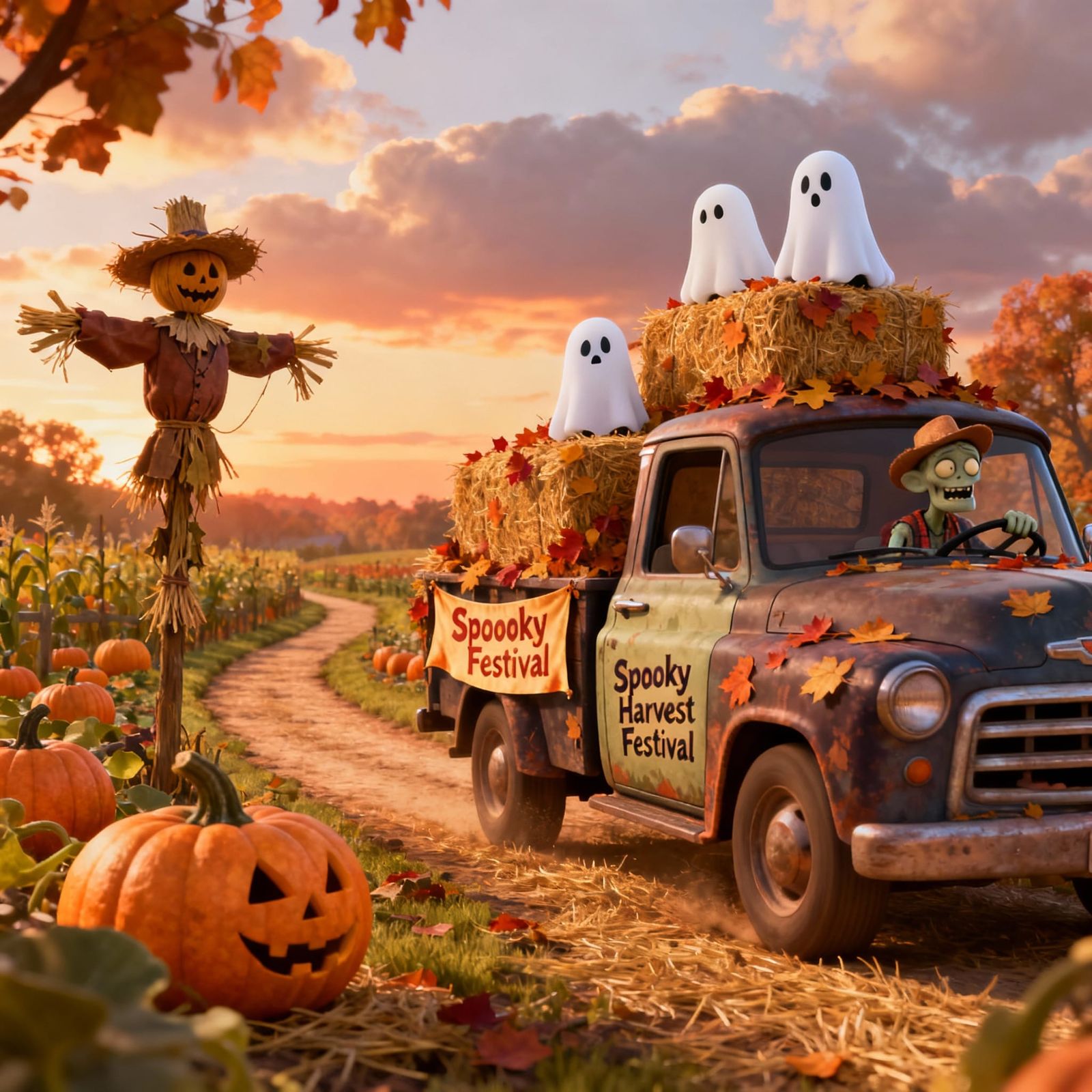 Pixar Style Spooky Scarecrow and Zombie Farmer at Harvest Fe...