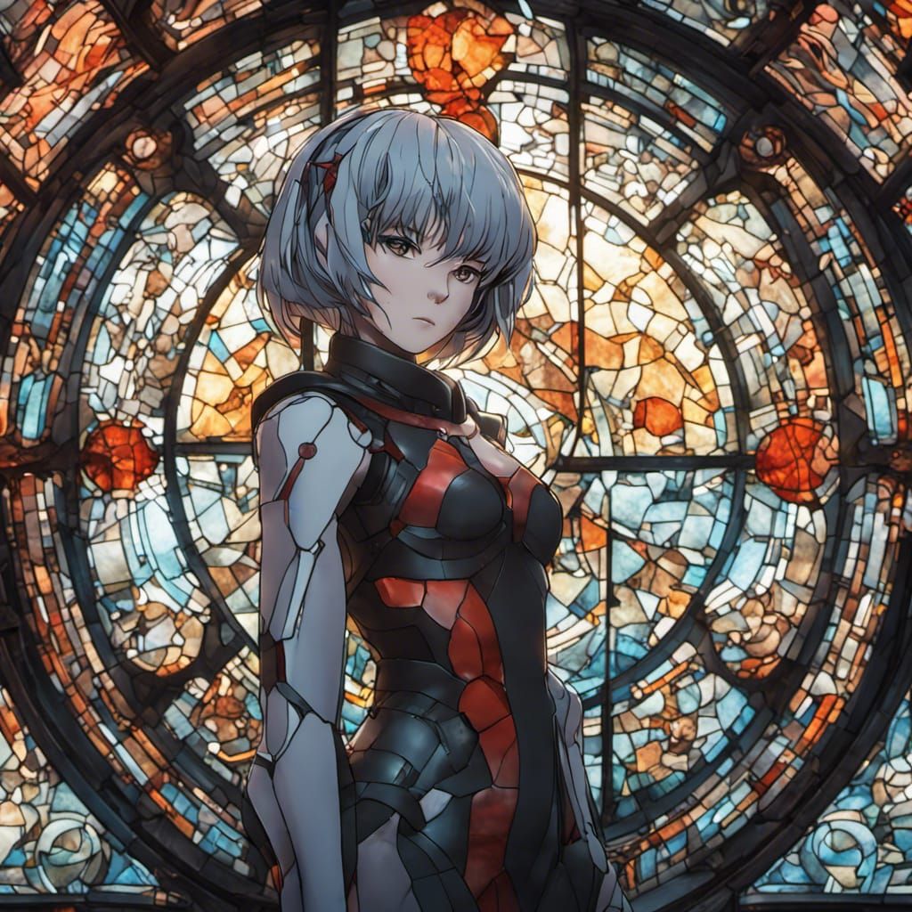 Stained Glass Rei Ayanami in Art Nouveau Style