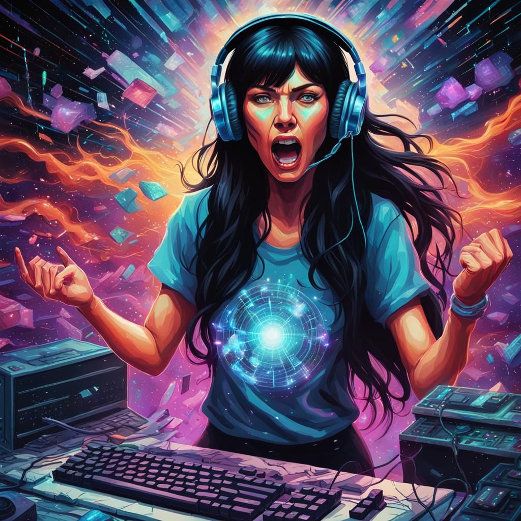 Angry Woman with Broken Keyboard, Mixed Media