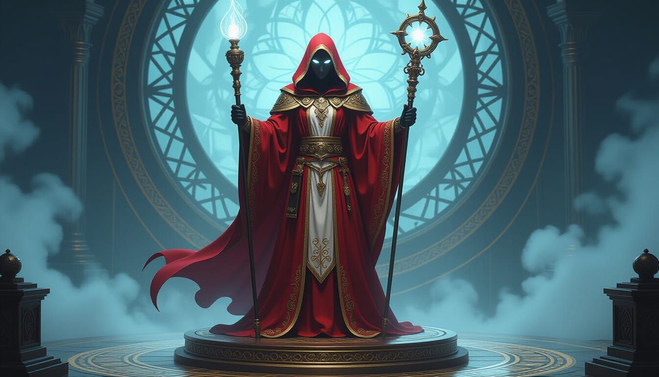 Scarlet Prophet Figure with Staff in Ethereal Mist