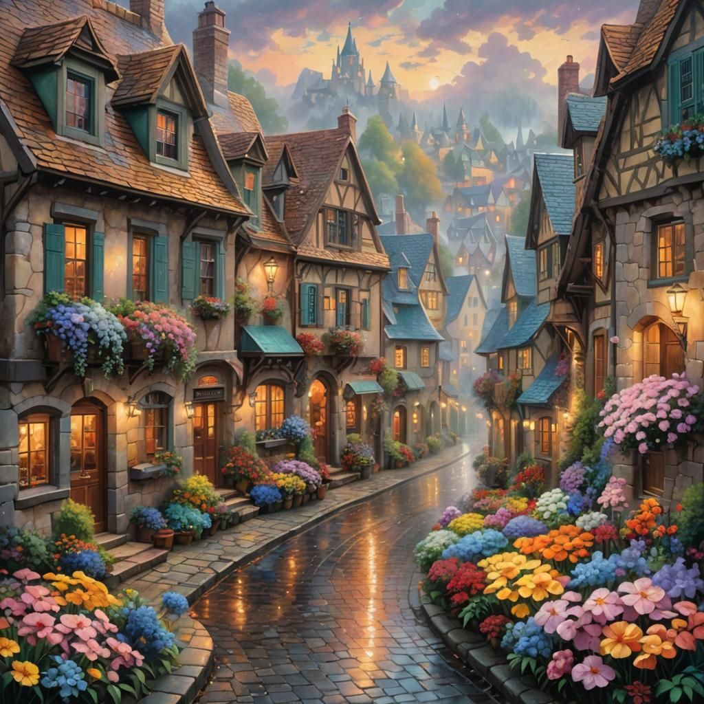 Dreamy Village Flowers in Oil Painting Style