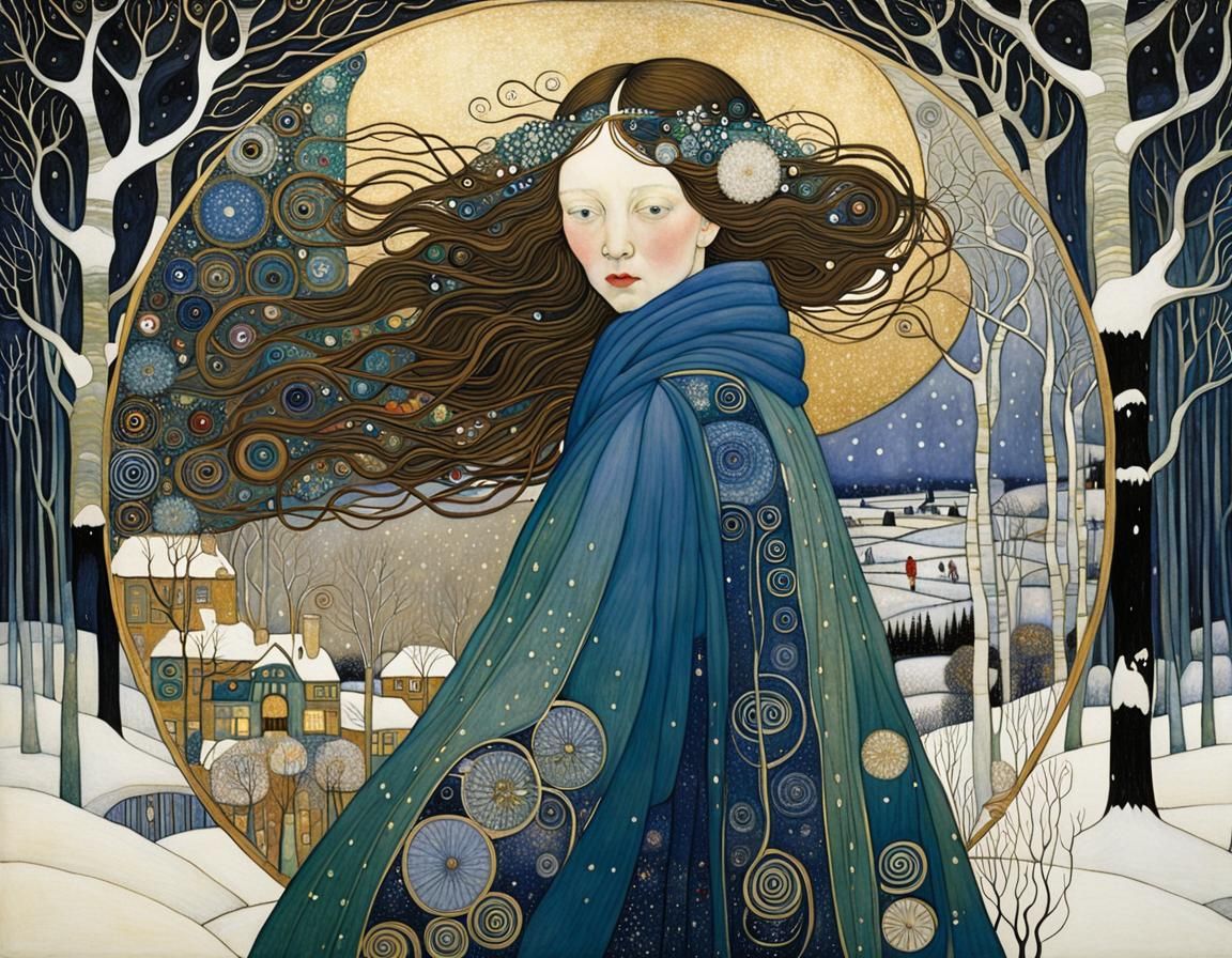 Intricate Winter Landscape in Art Nouveau Style