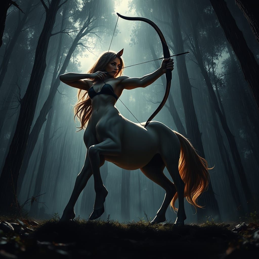 Dominant Female Centaur Archer in Dark Fantasy Forest