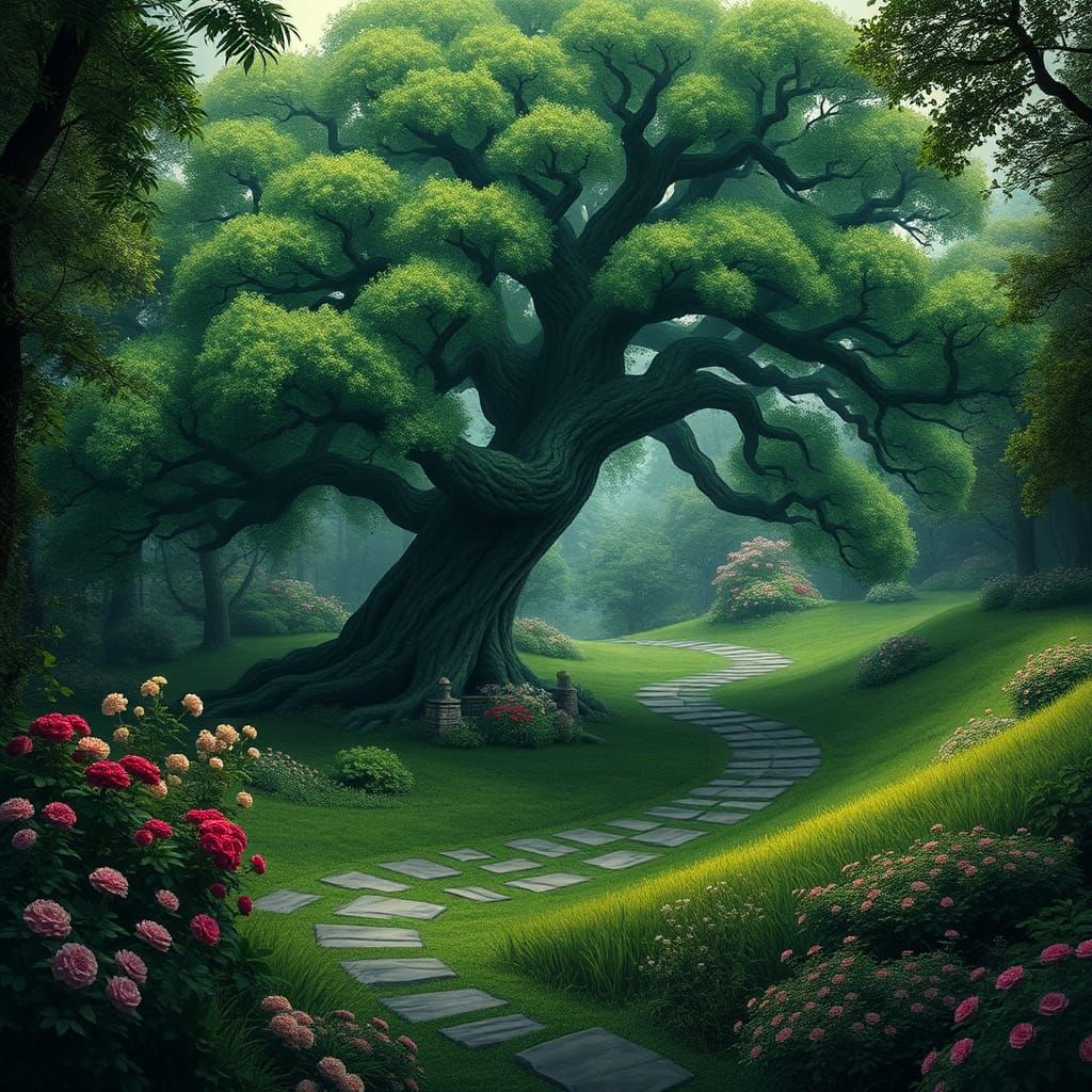Majestic Tree in Serpentine Garden: Dreamlike Landscape