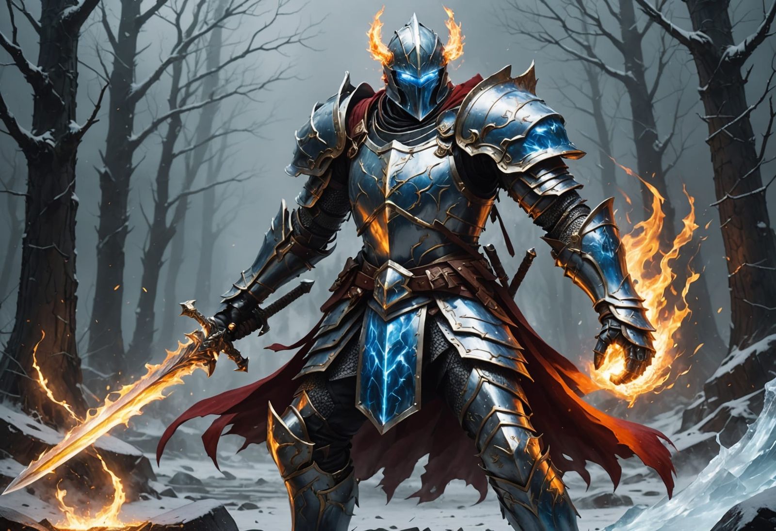 Epic Elemental Knight Wields Blazing Swords in Frosty Armor