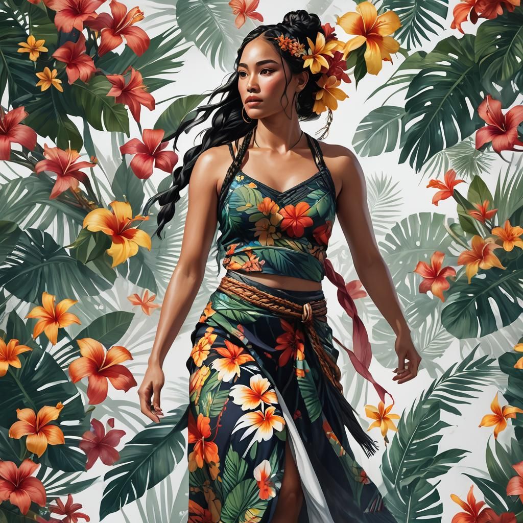 Vivid Digital Painting of Hawaiian Woman with Braids