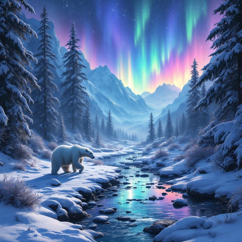 Surreal Polar Bear Enchants Vibrant Winter Wonderland in Awe...