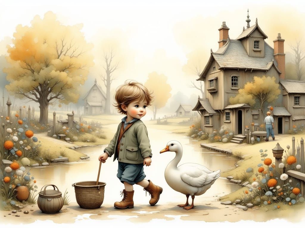 Vintage Children's Scene of Boy and Goose in Rubber Boots