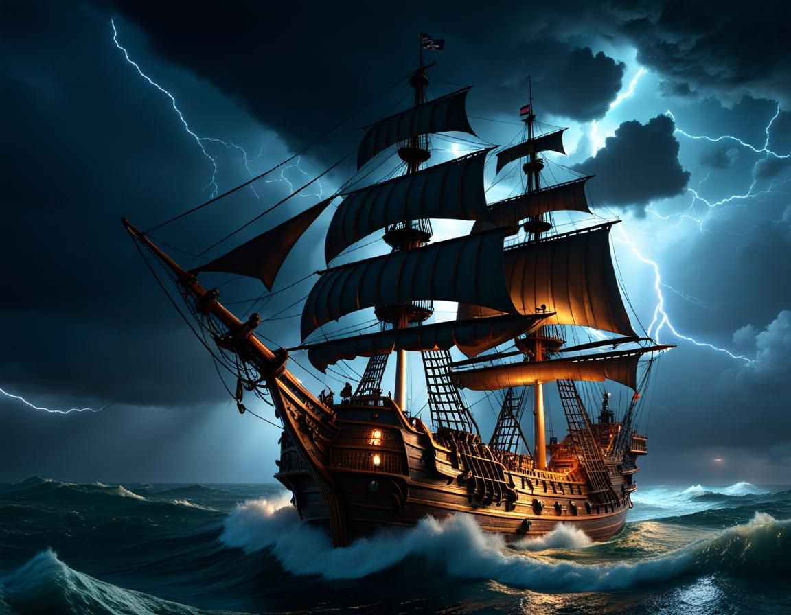 Pirate Ship in Stormy Seas: Hyperrealistic Digital Art