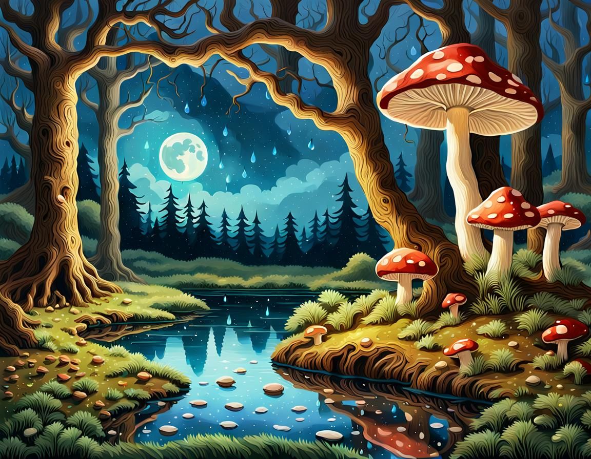 Moonlit Mushrooms in Forest, Gouache Watercolor Style