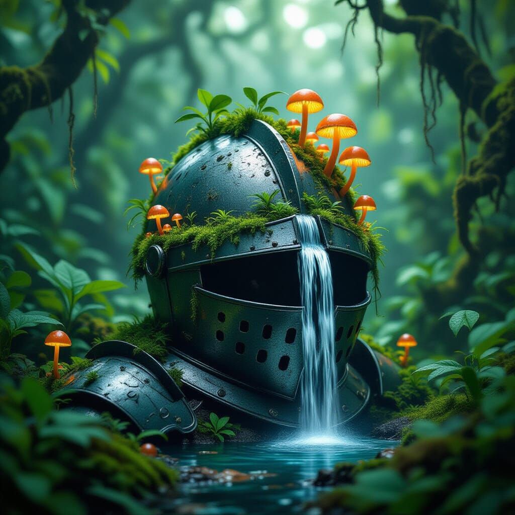 Jungle Ecosystem Thriving Inside Knight's Helmet