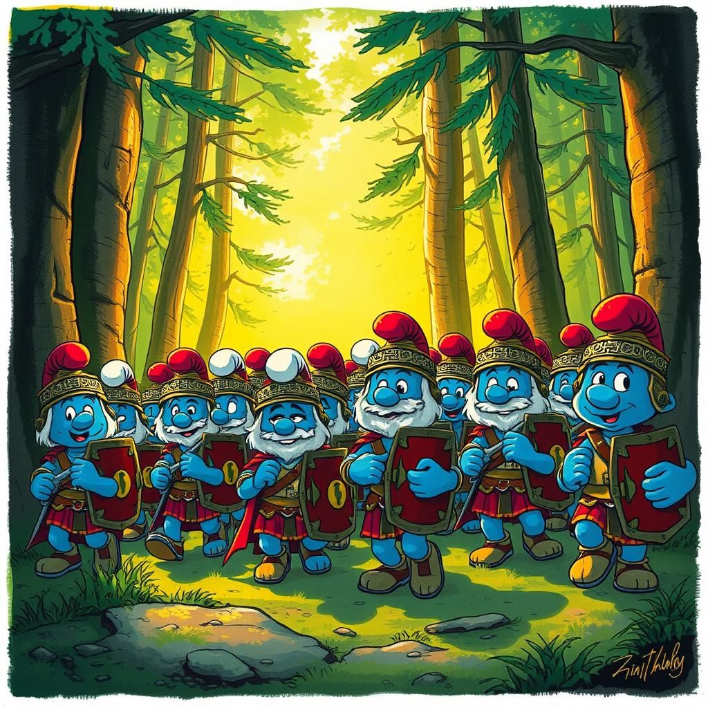 Papa Smurf Leads Roman Legion: Cartoon Illustration