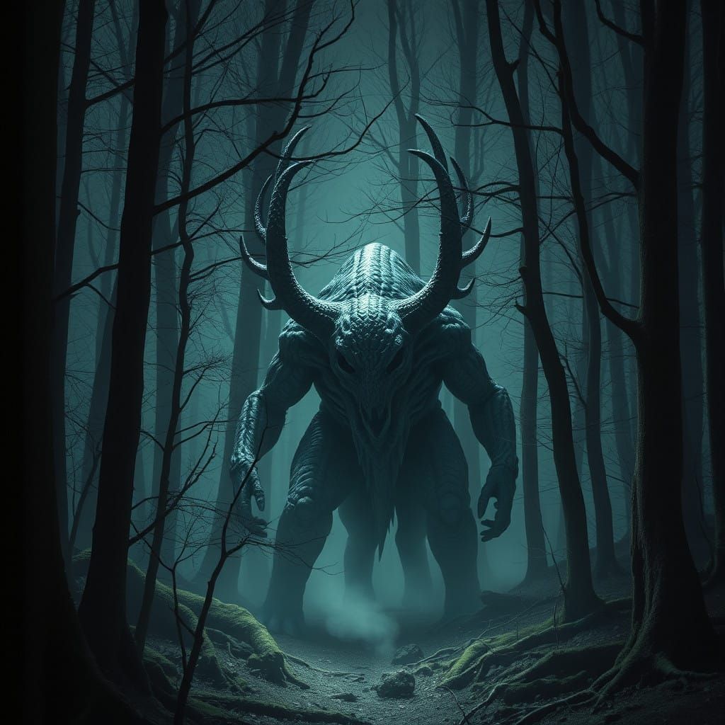 Ethereal Monster in a Dark Forest Under Full Moon