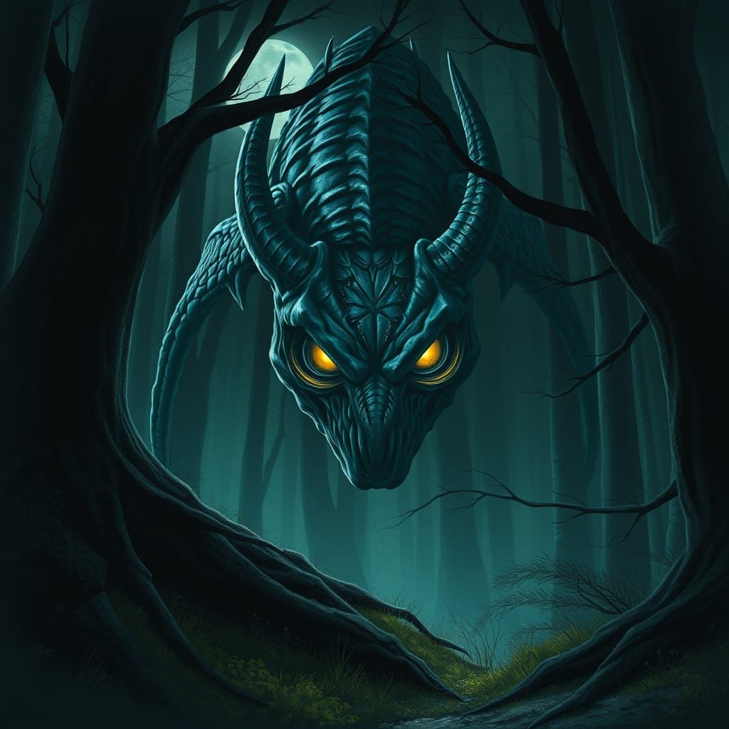 Ethereal Monster in Dark Forest Under Full Moon