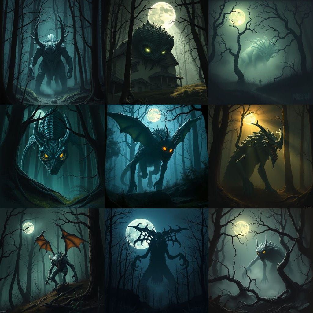 Eerie Monster Emerges Under Moonlight in Dark Forest