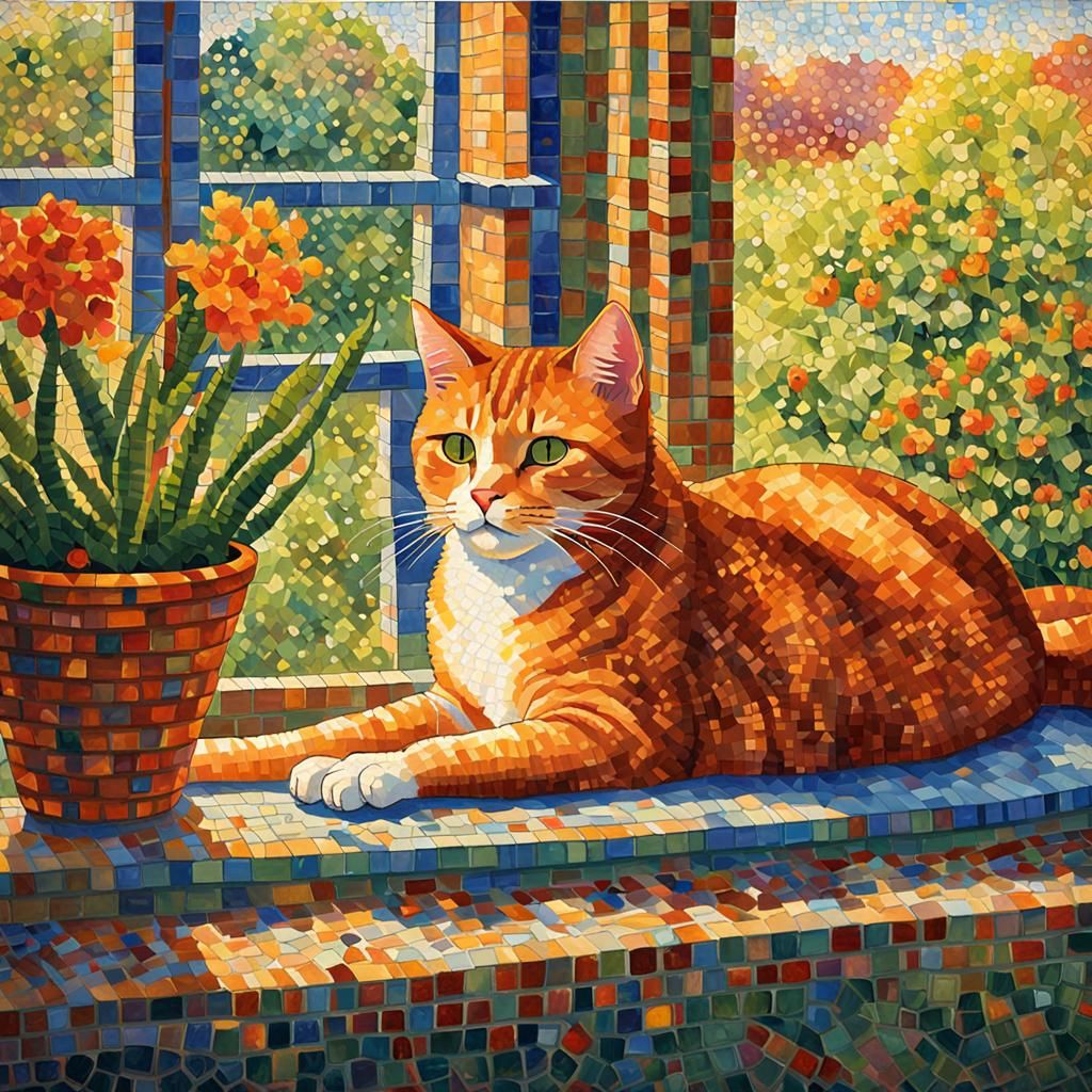 Ginger Cat in Garden: Pointillist Impressionist Painting