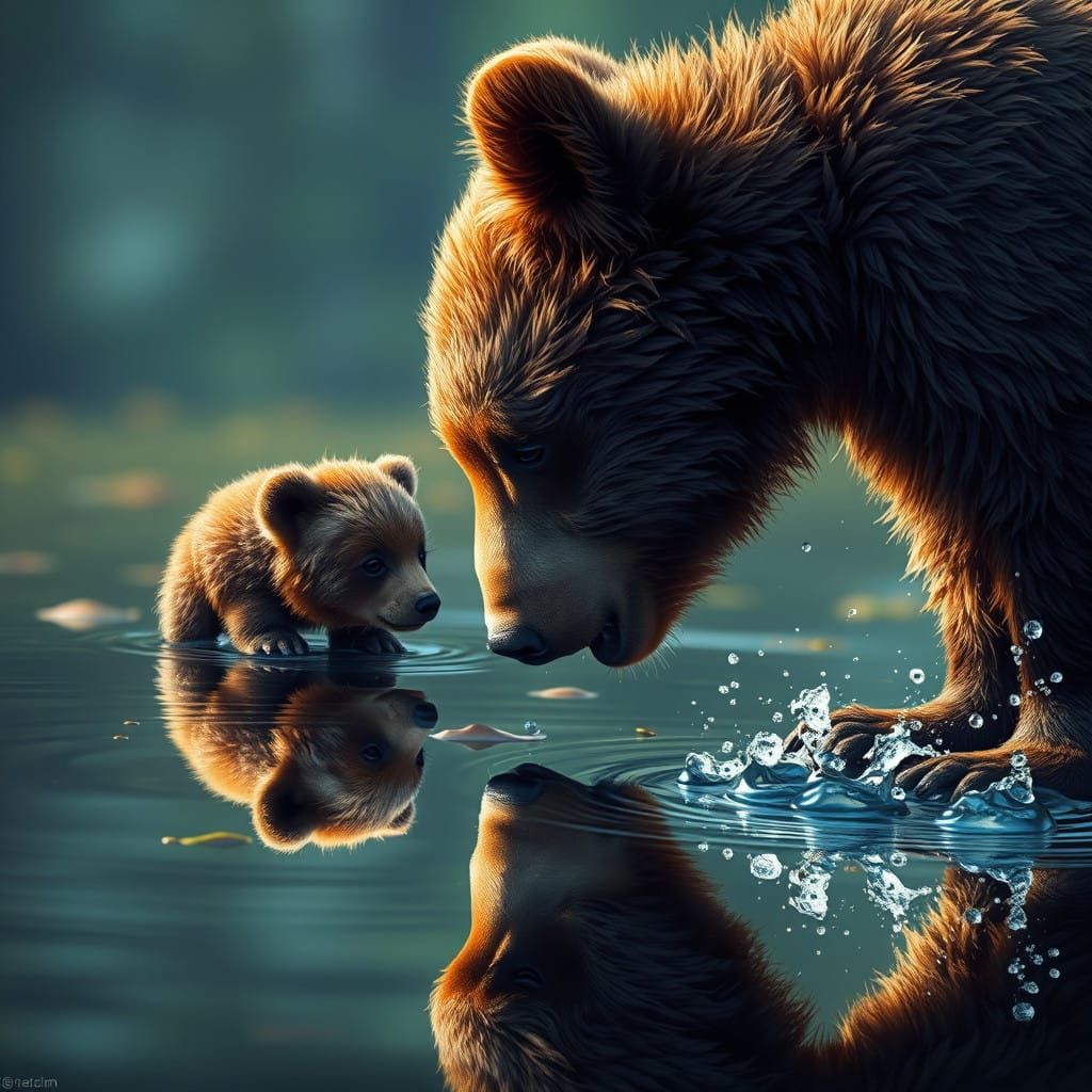 A Bear Cub's Dramatic Reflection in a Hyperrealistic Pond Sc...