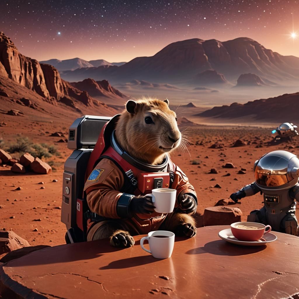 Capybara Astronaut Enjoying Coffee on Mars