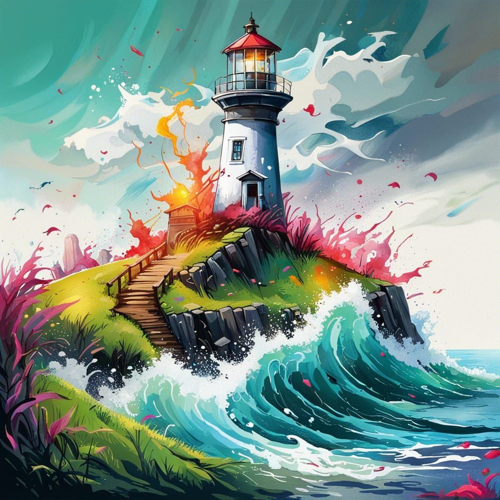 Lighthouse on Cliff in Graffiti Art Style