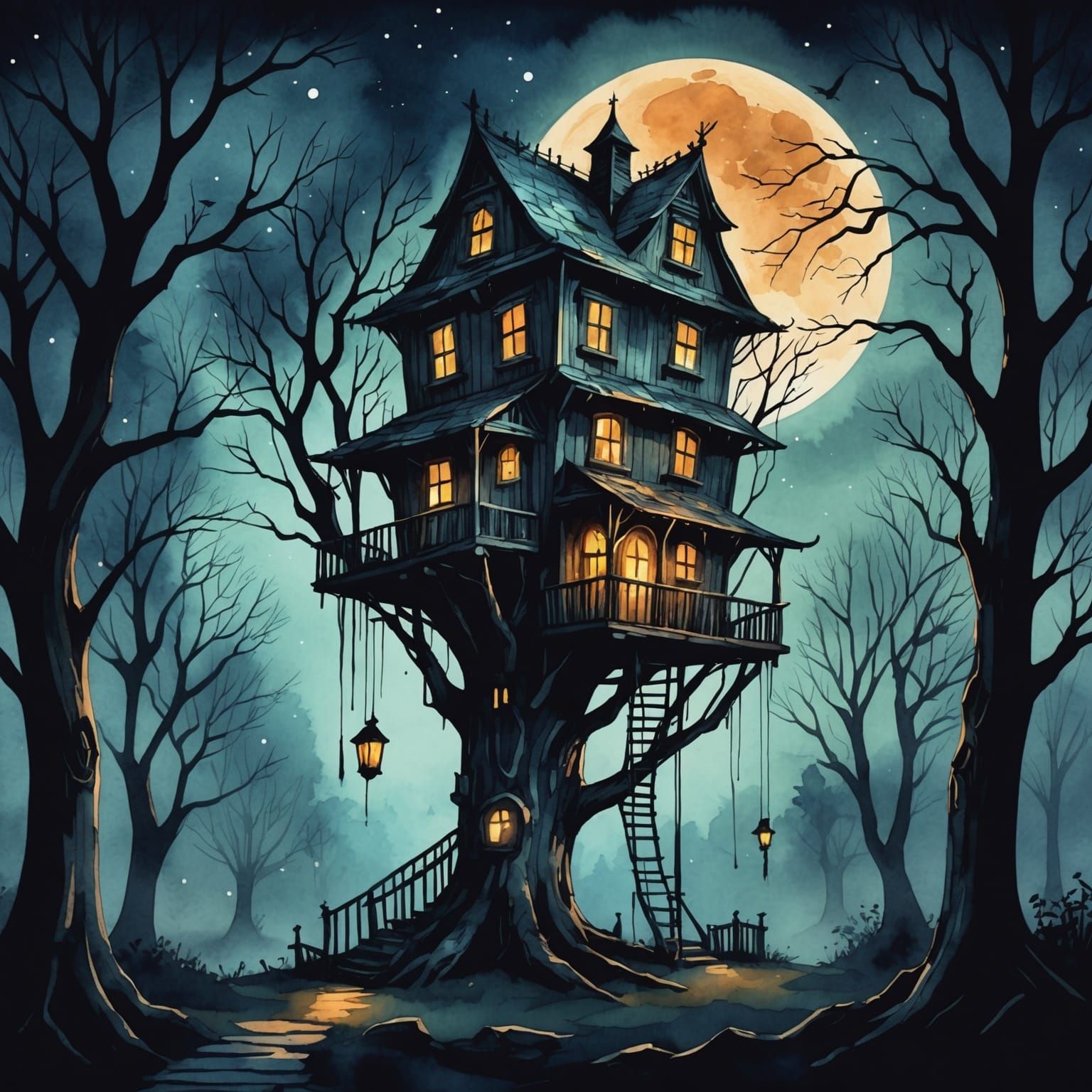 Glowing Haunted Treehouse in Watercolor Style