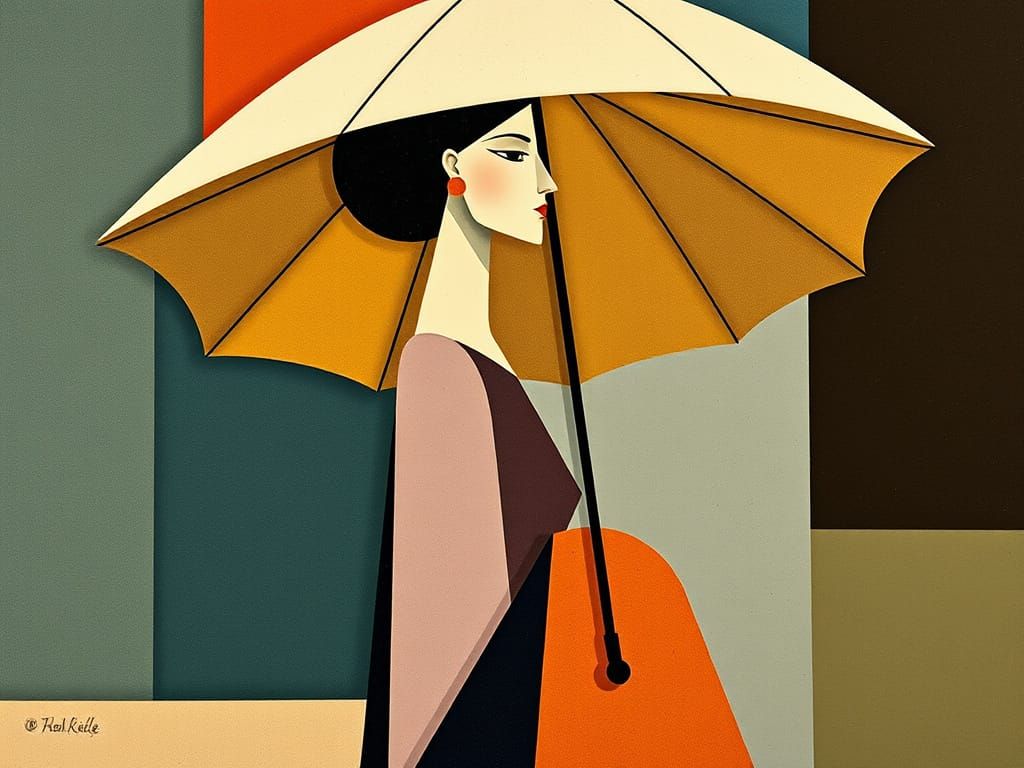 Woman in a Simple Parasol, Abstracted in Cubist Style