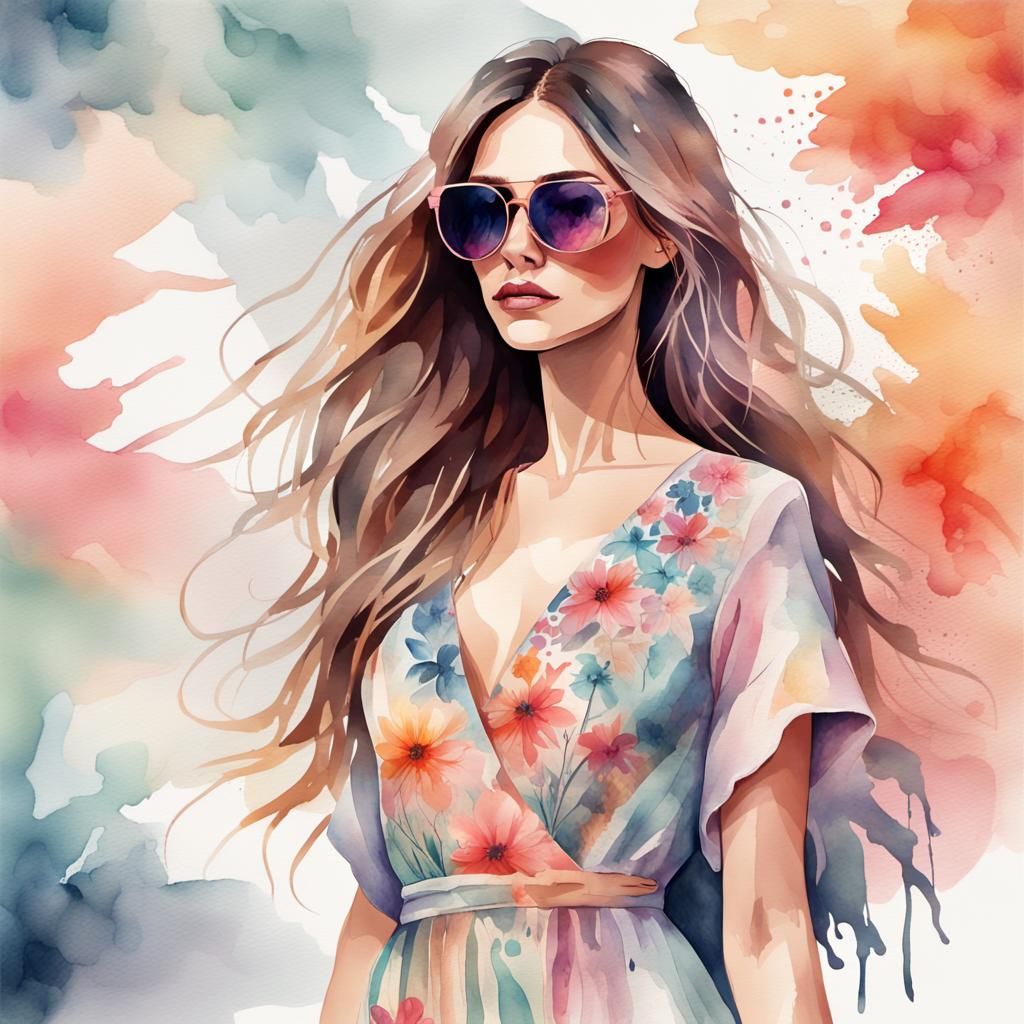 Boho Woman in Floral Linen Dress: Watercolor Vector Art