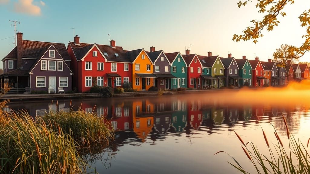 Rainbow Houses in Houten, Netherlands by Lake Rietplas
