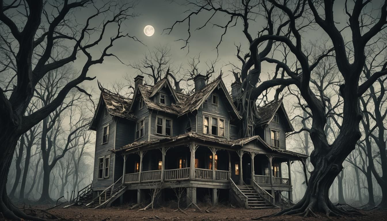 Eerie Surrealism: Creepy House in Dark Forest