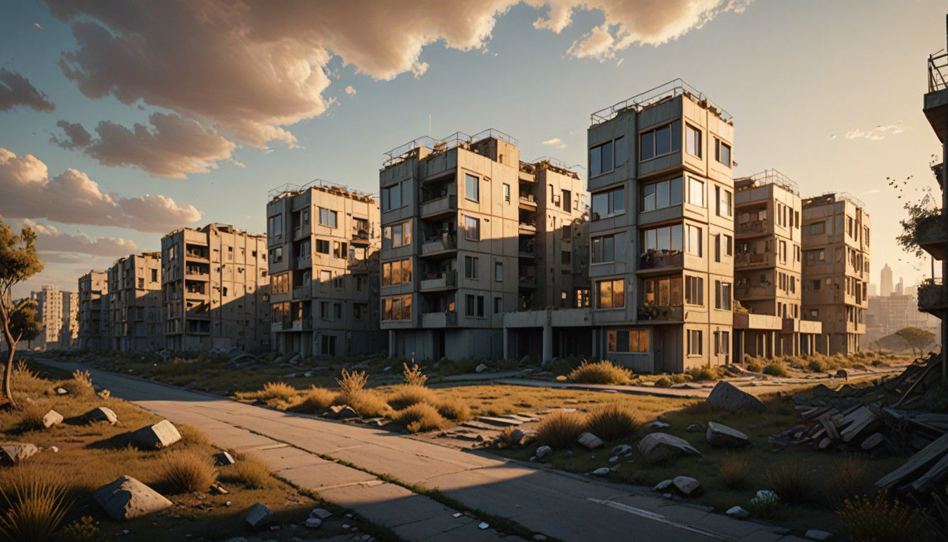 Cinematic Futuristic Prefab Houses in Dystopian Landscape