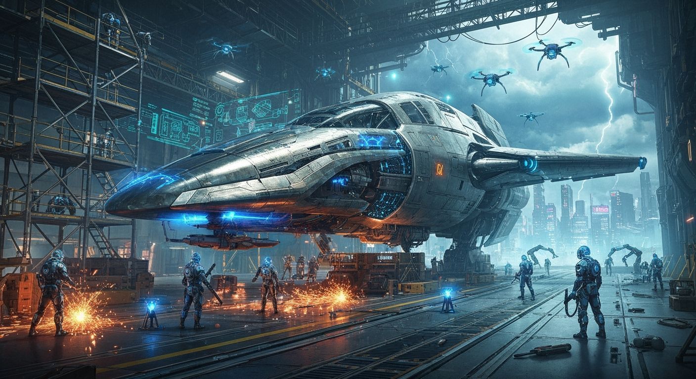 Colossal Sci-Fi Spaceship Assembly in Alien Hangar