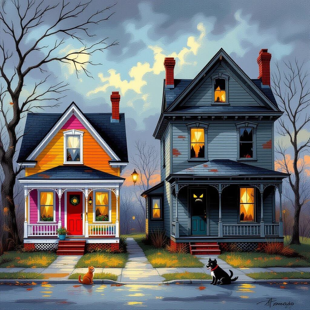 Contrasting Houses: Vibrant, Semi-Colored, and Abandoned