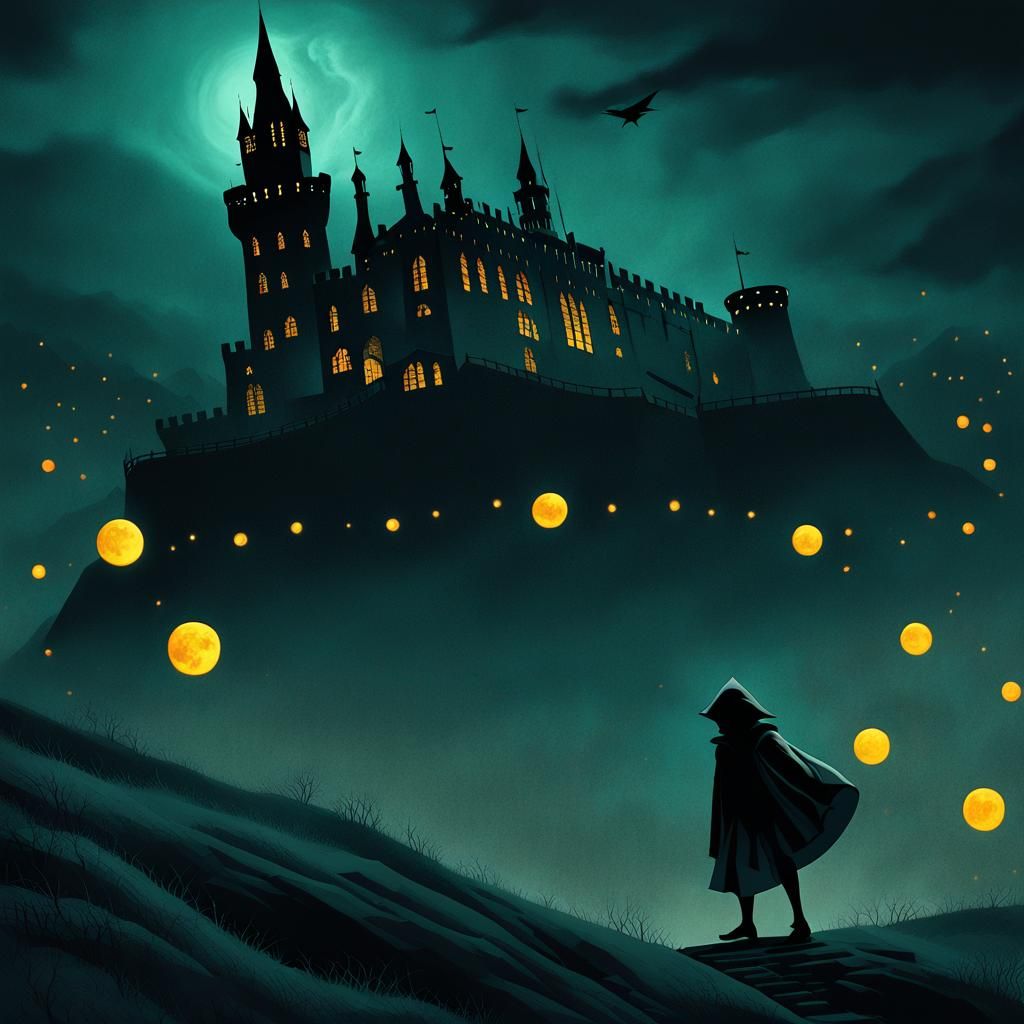 Hooded Figure Climbing to Castle: Digital Painting