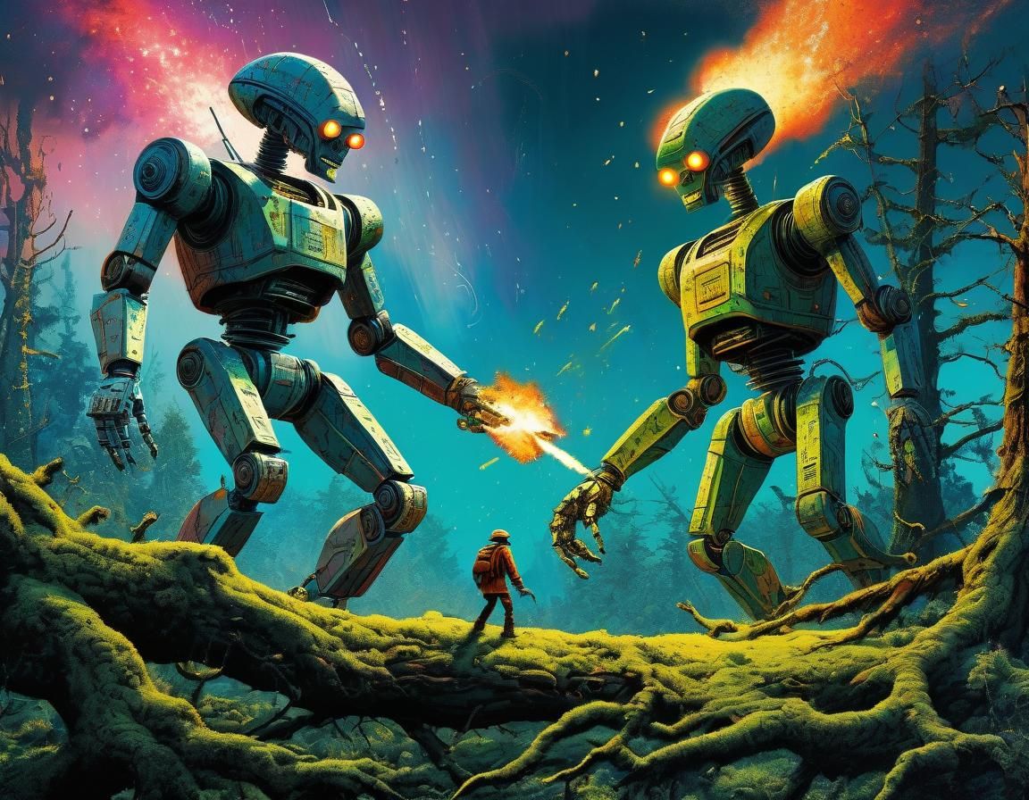 Robots Fight on Branch in Moebius Retro Sci-Fi Style