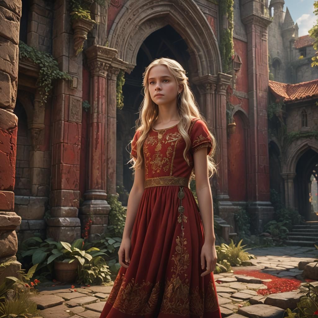 Girl with Blonde Hair in Red Dress
