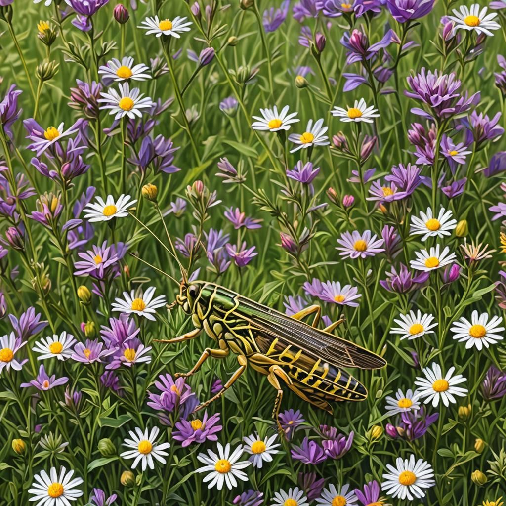 Locusts in Wildflower Field: Airbrush Art