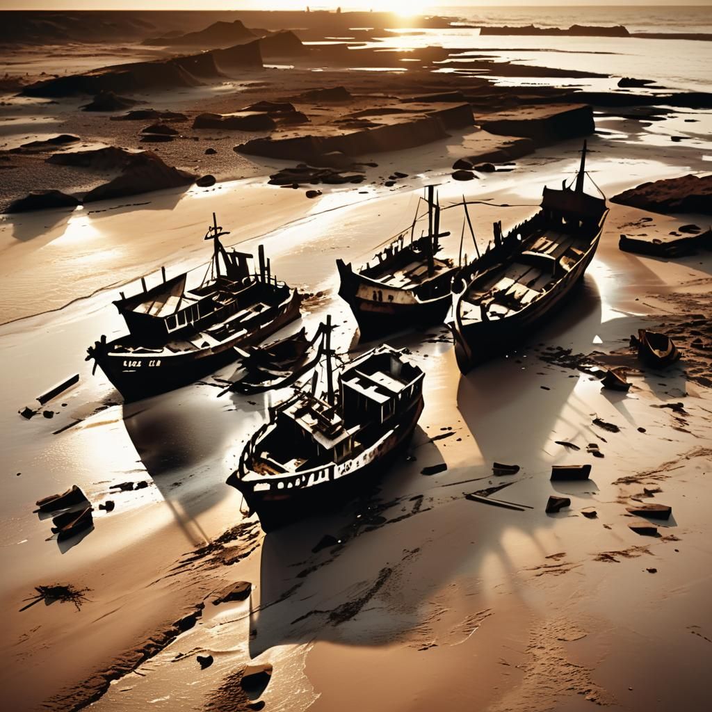 Broken Ships on Abandoned Shore in Golden Light