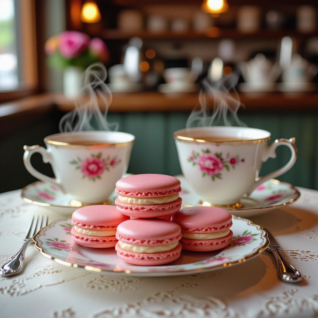 Strawberry Macaroons and Tea in Cafe, Art Nouveau Style