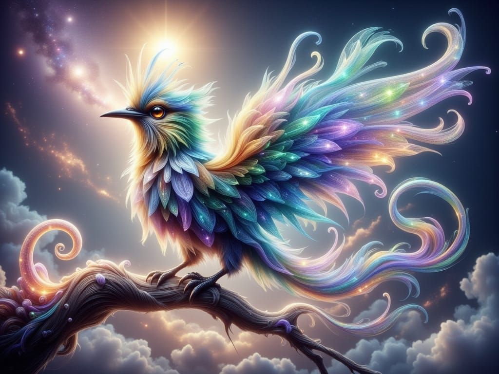 Ethereal Majesty: Enchanted Bird in Vibrant, Iridescent Plum...