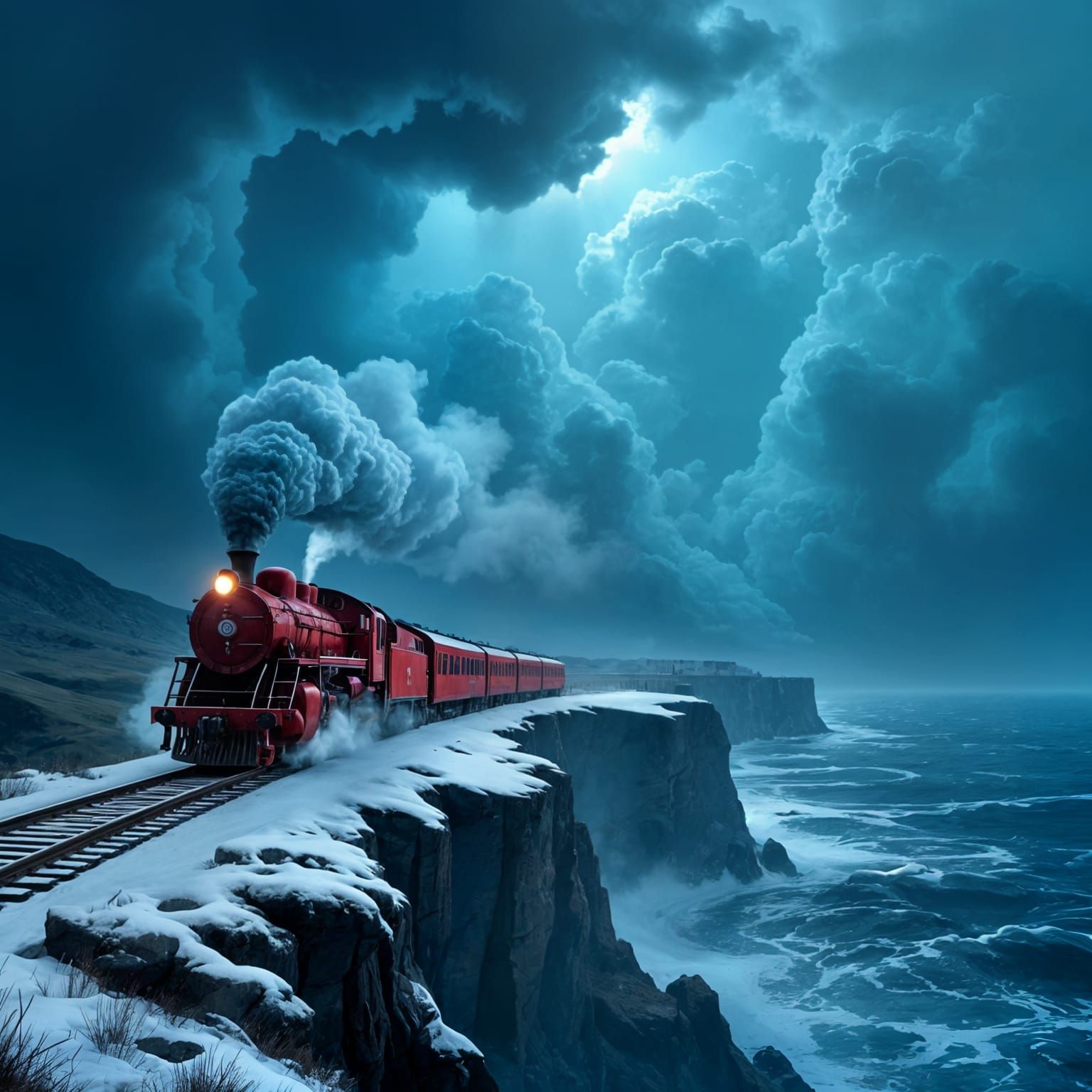 Red Train Traveling Through Snowy Landscape
