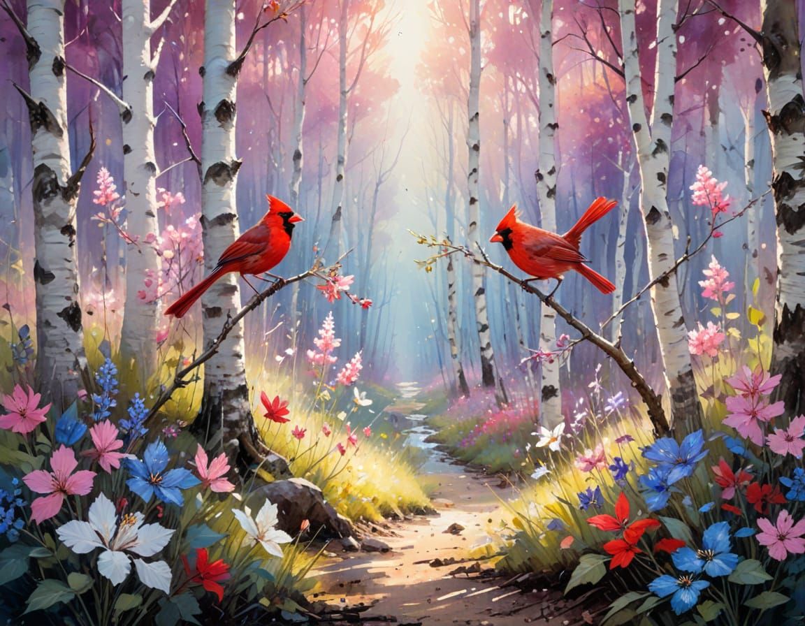 Cardinal in Birch Forest: Watercolor Digital Dreamscape
