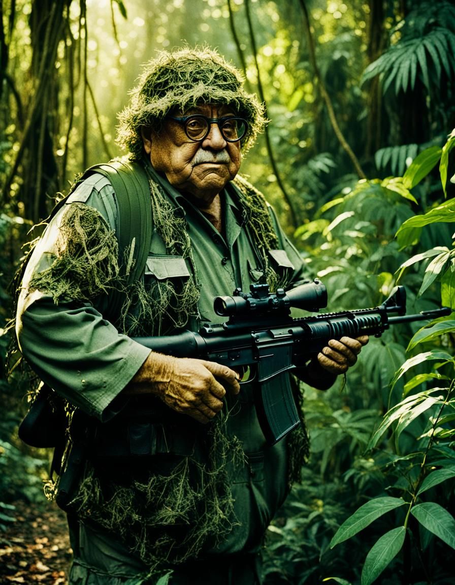 Danny DeVito Blends Into Jungle in Ghillie Suit