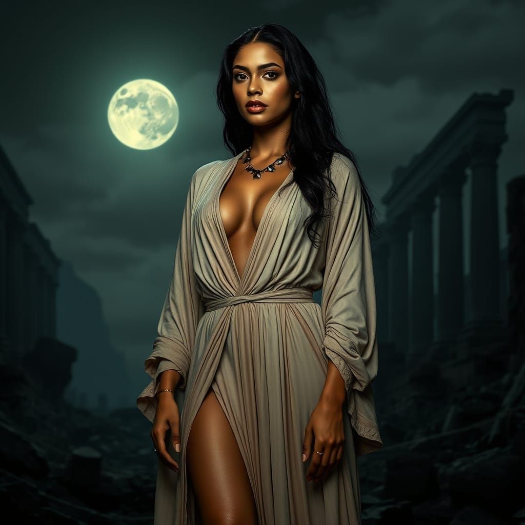 Regal Latina Woman in Ancient Ruins, Film Noir Style