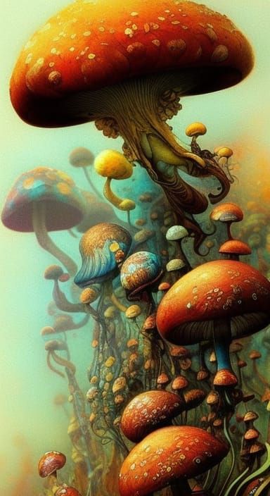 Surreal Mushroom Fantasy Landscape in Mixed Styles