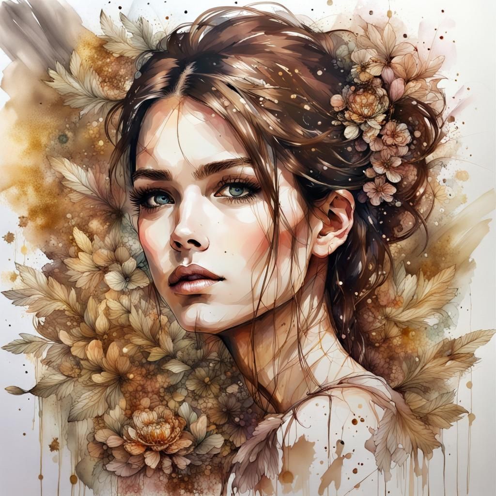 Beautiful Woman Portrait in Alcohol Ink Style