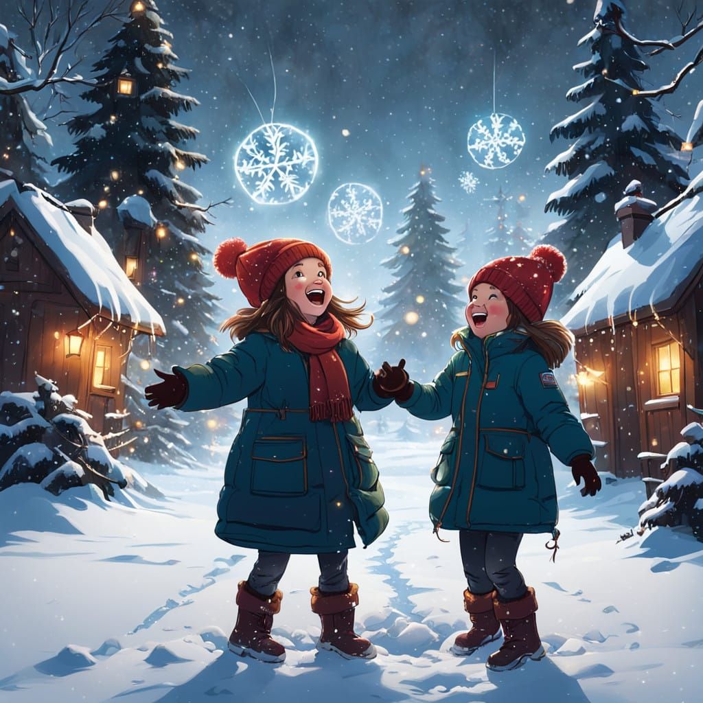 Joyful Sisters Play in Whimsical Winter Wonderland