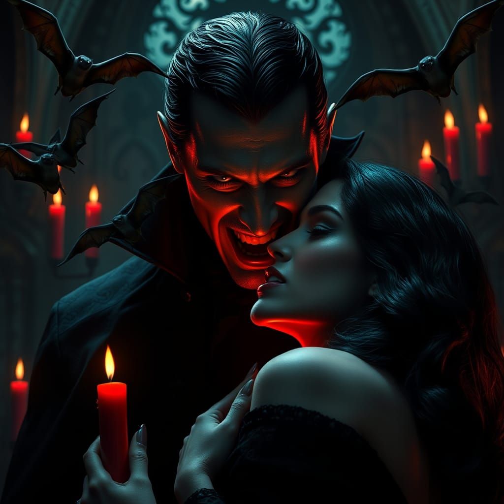 A gigantic prefect photo headshot of  a masculine Count Dracula visible  facing and biting intimately right into a gorge...