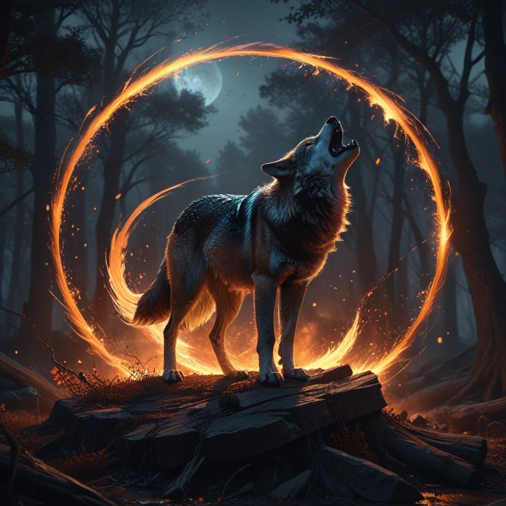 Wolf Howling Under Moon With Dancing Witches